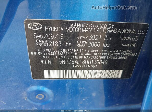 5NPD84LF8HH130849 2017 HYUNDAI ELANTRA Blue Вид підкапотного простору