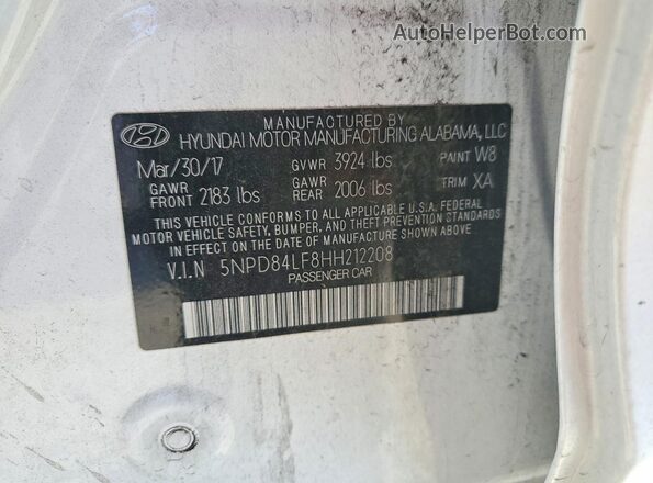 5NPD84LF8HH212208 2017 HYUNDAI ELANTRA White ძრავის განყოფილების ხედი