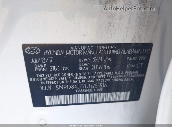 5NPD84LF8JH251516 2018 HYUNDAI ELANTRA Белый Вид подкапотного пространства