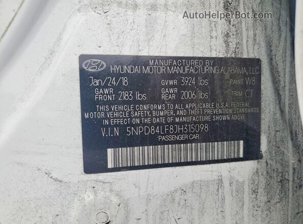 5NPD84LF8JH315098 2018 HYUNDAI ELANTRA Белый Вид подкапотного пространства