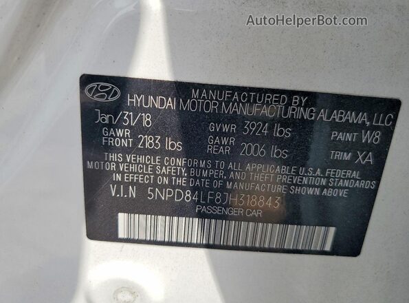 5NPD84LF8JH318843 2018 HYUNDAI ELANTRA White VIN კოდის სტიკერის ხედი