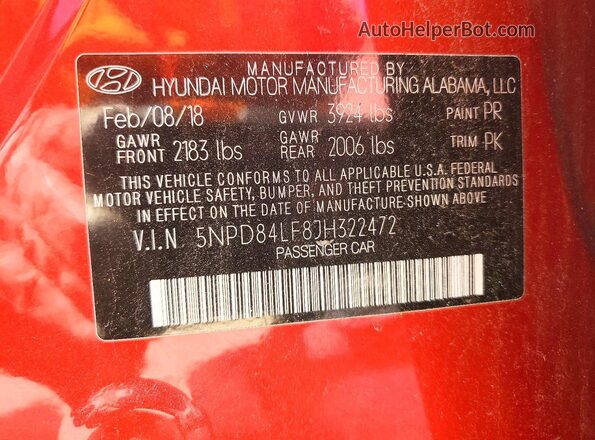 5NPD84LF8JH322472 2018 HYUNDAI ELANTRA Red სალონის 360-გრადუსიანი ხედი