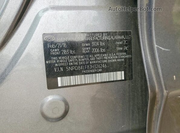 5NPD84LF8JH326246 2018 HYUNDAI ELANTRA Gray Widok naklejki z numerem VIN