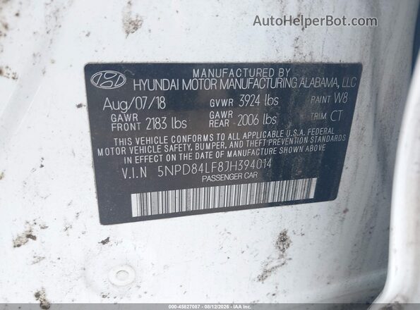 5NPD84LF8JH394014 2018 HYUNDAI ELANTRA White ძრავის განყოფილების ხედი