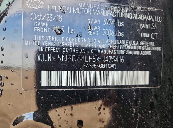 5NPD84LF8KH423416 2019 HYUNDAI ELANTRA Black Vista del compartimento del motor
