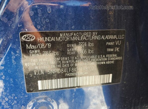 5NPD84LF8KH498102 2019 HYUNDAI ELANTRA Blue Vista de la etiqueta del VIN