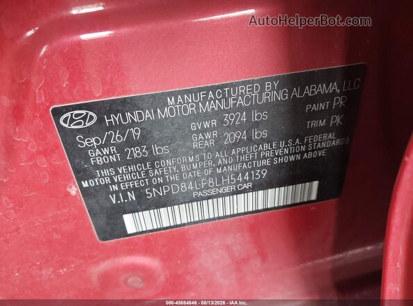 5NPD84LF8LH544139 2020 HYUNDAI ELANTRA Red Vista del compartimento del motor
