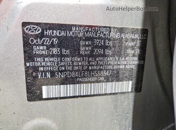 5NPD84LF8LH558347 2020 HYUNDAI ELANTRA Silver VIN კოდის სტიკერის ხედი