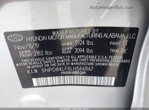 5NPD84LF8LH566867 2020 HYUNDAI ELANTRA Silver Շարժիչի բաժամունքի տեսք