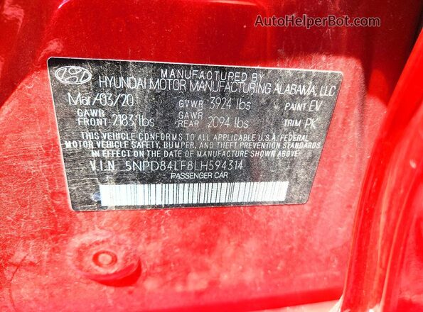 5NPD84LF8LH594314 2020 HYUNDAI ELANTRA Red Շարժիչի բաժամունքի տեսք