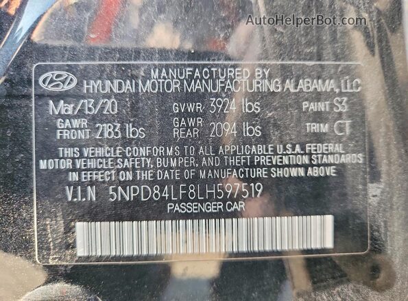 5NPD84LF8LH597519 2020 HYUNDAI ELANTRA Black ძრავის განყოფილების ხედი
