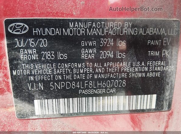5NPD84LF8LH607028 2020 HYUNDAI ELANTRA Red Engine compartment view