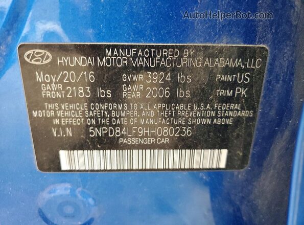 5NPD84LF9HH080236 2017 HYUNDAI ELANTRA Blue Engine compartment view