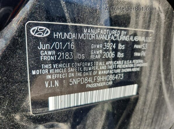 5NPD84LF9HH086473 2017 HYUNDAI ELANTRA Black Vista de la etiqueta del VIN