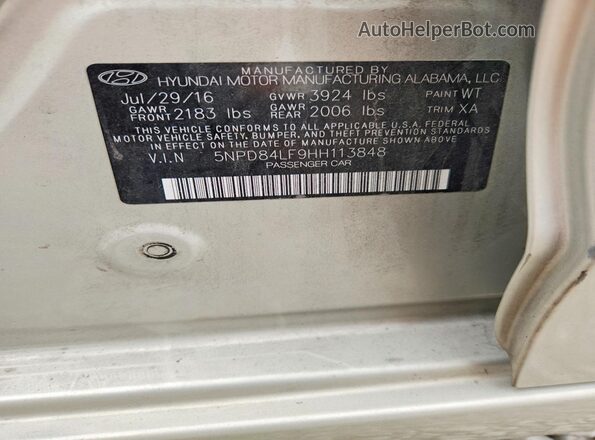 5NPD84LF9HH113848 2017 HYUNDAI ELANTRA Tan Вид наклейки з VIN-кодом