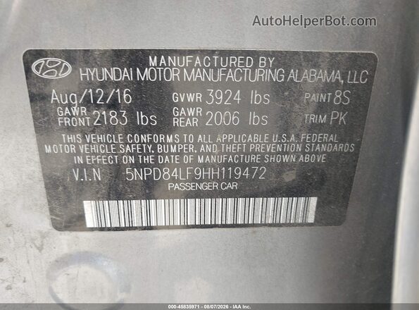 5NPD84LF9HH119472 2017 HYUNDAI ELANTRA Silver Engine compartment view