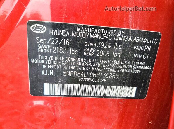 5NPD84LF9HH136885 2017 HYUNDAI ELANTRA Red ძრავის განყოფილების ხედი