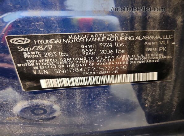 5NPD84LF9JH279650 2018 HYUNDAI ELANTRA Blue Շարժիչի բաժամունքի տեսք