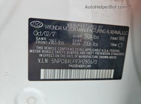 5NPD84LF9JH280670 2018 HYUNDAI ELANTRA White VIN კოდის სტიკერის ხედი