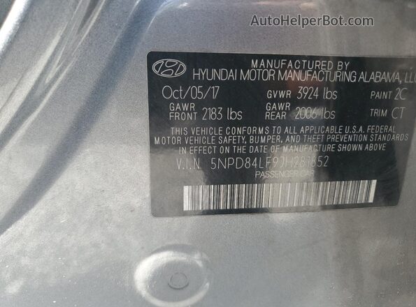 5NPD84LF9JH281852 2018 HYUNDAI ELANTRA Gray VIN sticker view