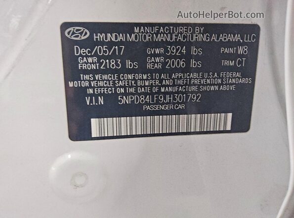 5NPD84LF9JH301792 2018 HYUNDAI ELANTRA Белый Вид подкапотного пространства