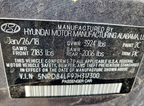 5NPD84LF9JH317300 2018 HYUNDAI ELANTRA Gray Widok naklejki z numerem VIN