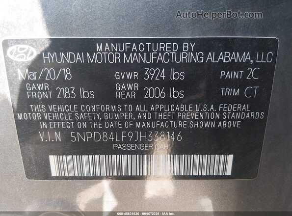 5NPD84LF9JH338146 2018 HYUNDAI ELANTRA Silver Vista del compartimento del motor