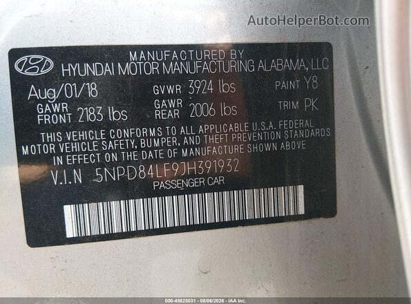 5NPD84LF9JH391932 2018 HYUNDAI ELANTRA Silver Vista del compartimento del motor