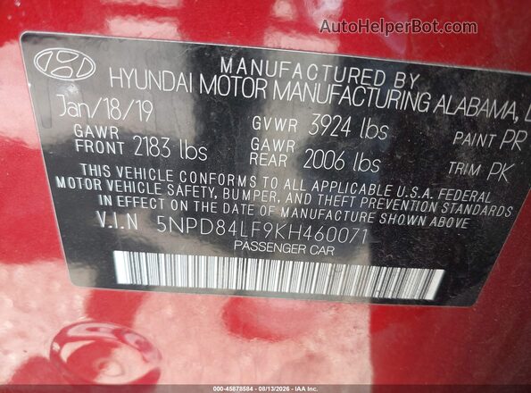 5NPD84LF9KH460071 2019 HYUNDAI ELANTRA Red Շարժիչի բաժամունքի տեսք
