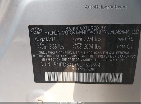 5NPD84LF9LH521694 2020 HYUNDAI ELANTRA Silver ძრავის განყოფილების ხედი