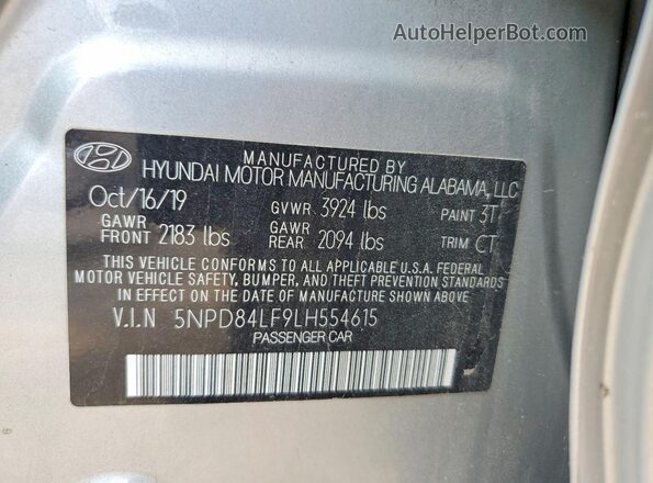 5NPD84LF9LH554615 2020 HYUNDAI ELANTRA Silver VIN կոդի պիտակի տեսք