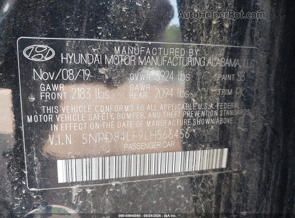 5NPD84LF9LH566456 2020 HYUNDAI ELANTRA Черный Вид подкапотного пространства