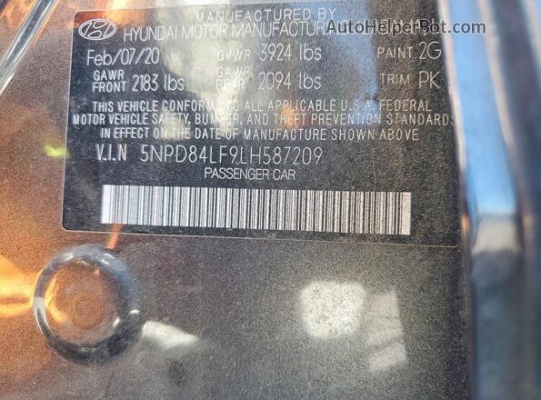5NPD84LF9LH587209 2020 HYUNDAI ELANTRA Charcoal Вид наклейки з VIN-кодом