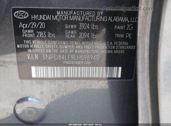 5NPD84LF9LH598940 2020 HYUNDAI ELANTRA Gray Engine compartment view