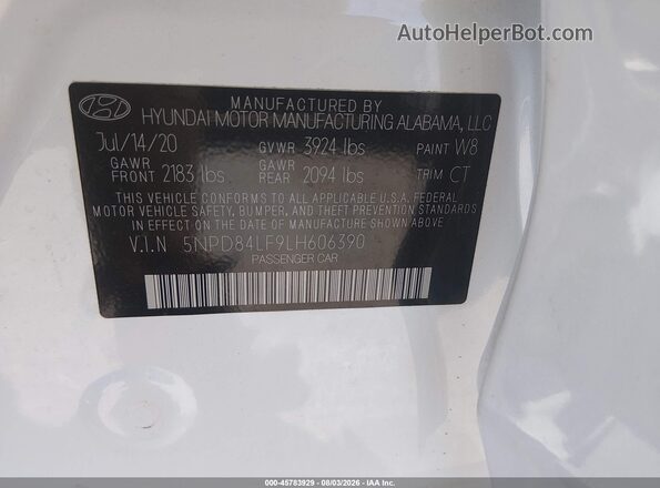 5NPD84LF9LH606390 2020 HYUNDAI ELANTRA White Вид підкапотного простору