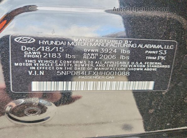5NPD84LFXHH001088 2017 HYUNDAI ELANTRA Black ძრავის განყოფილების ხედი