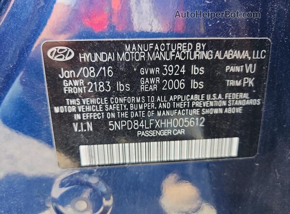 5NPD84LFXHH005612 2017 HYUNDAI ELANTRA Blue Շարժիչի բաժամունքի տեսք