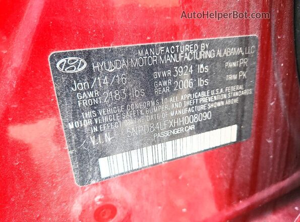 5NPD84LFXHH008090 2017 HYUNDAI ELANTRA Red Engine compartment view