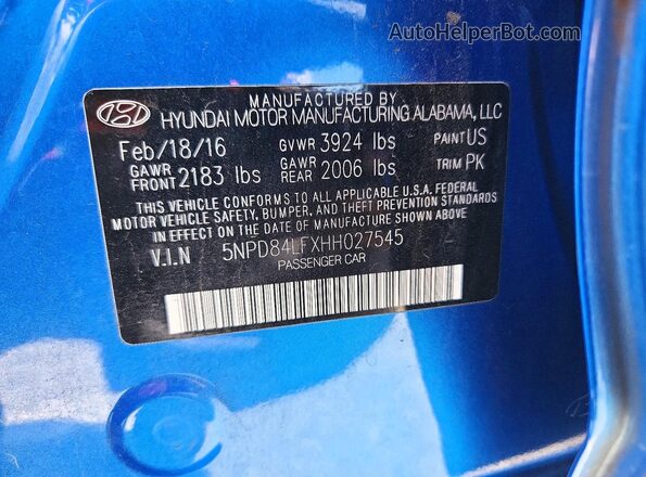 5NPD84LFXHH027545 2017 HYUNDAI ELANTRA Blue Widok komory silnika