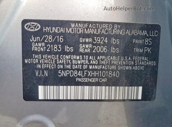5NPD84LFXHH101840 2017 HYUNDAI ELANTRA Silver Вид наклейки з VIN-кодом