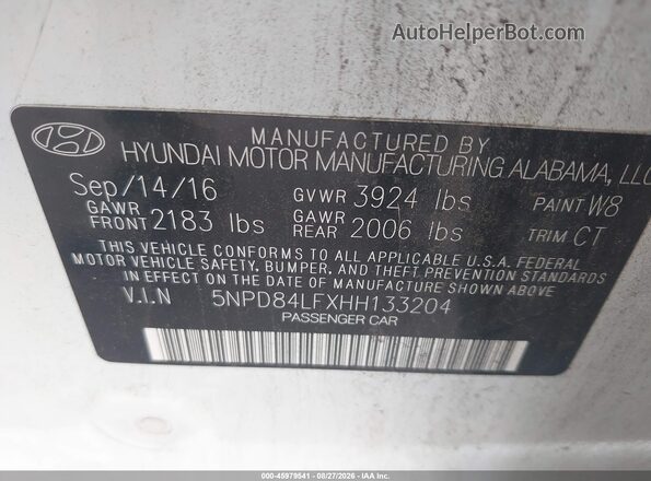 5NPD84LFXHH133204 2017 HYUNDAI ELANTRA White ძრავის განყოფილების ხედი