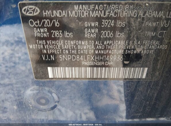 5NPD84LFXHH149936 2017 HYUNDAI ELANTRA Blue Vista del compartimento del motor