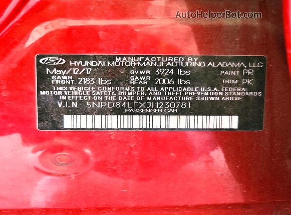 5NPD84LFXJH230781 2018 HYUNDAI ELANTRA Red ძრავის განყოფილების ხედი