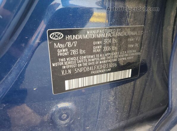 5NPD84LFXJH233096 2018 HYUNDAI ELANTRA Blue Շարժիչի բաժամունքի տեսք