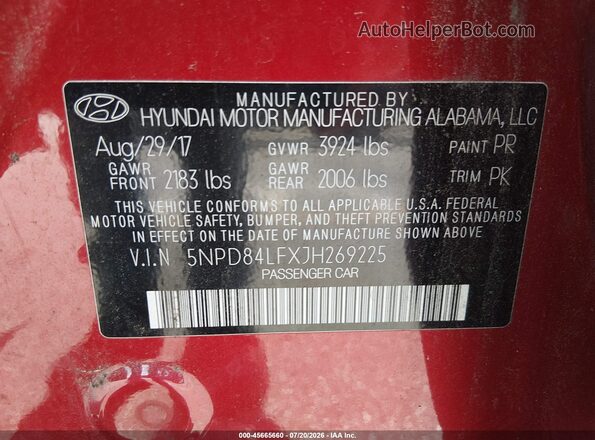 5NPD84LFXJH269225 2018 HYUNDAI ELANTRA Red Շարժիչի բաժամունքի տեսք