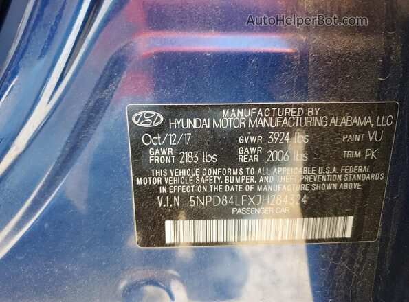 5NPD84LFXJH284324 2018 HYUNDAI ELANTRA Синий Вид наклейки с VIN-кодом
