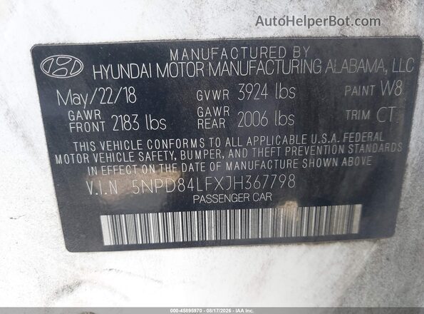 5NPD84LFXJH367798 2018 HYUNDAI ELANTRA White ძრავის განყოფილების ხედი