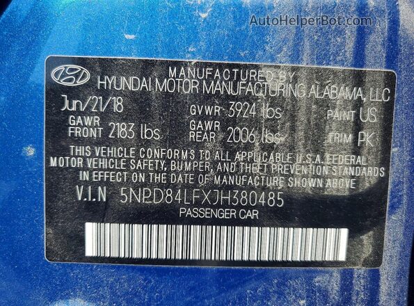 5NPD84LFXJH380485 2018 HYUNDAI ELANTRA Blue Engine compartment view