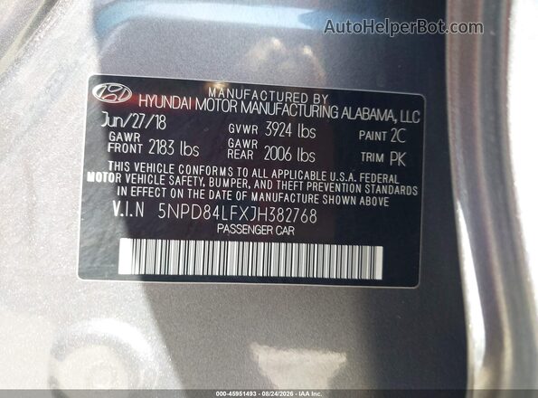 5NPD84LFXJH382768 2018 HYUNDAI ELANTRA Серый Вид подкапотного пространства