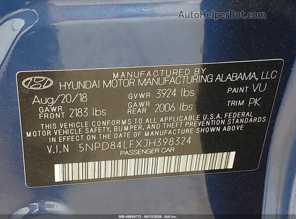 5NPD84LFXJH398324 2018 HYUNDAI ELANTRA Синий Вид подкапотного пространства